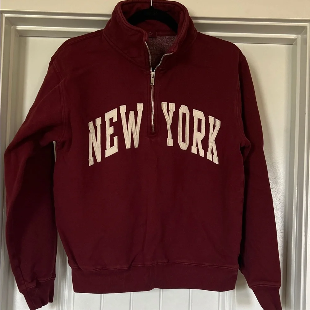 Brandy Melville Maroon Half-Zip Hoodie with New York Print - Picture 1 of 6